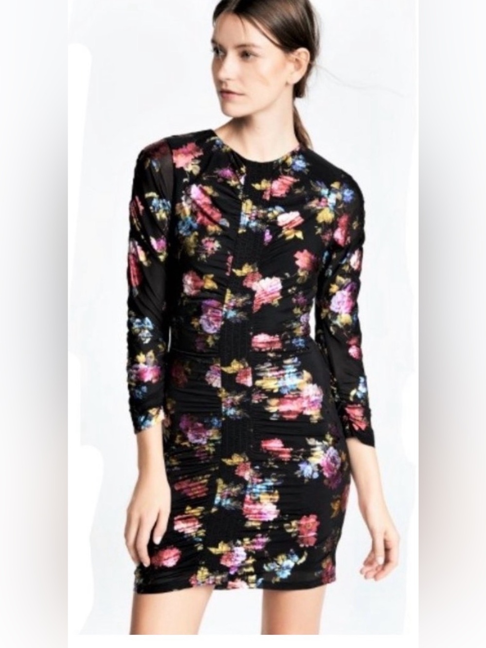 Parker Black Floral Ruched Long-Sleeve Mini Dress